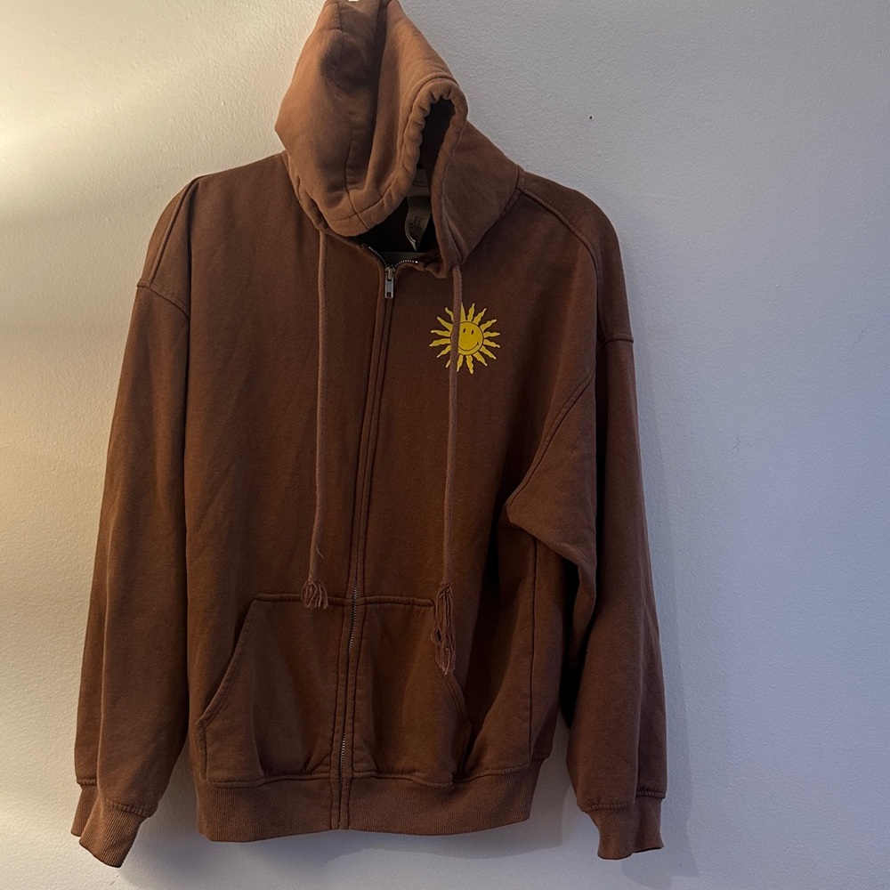 H&M Chocolate Brown Hoodie with Sun Motif - Preloved